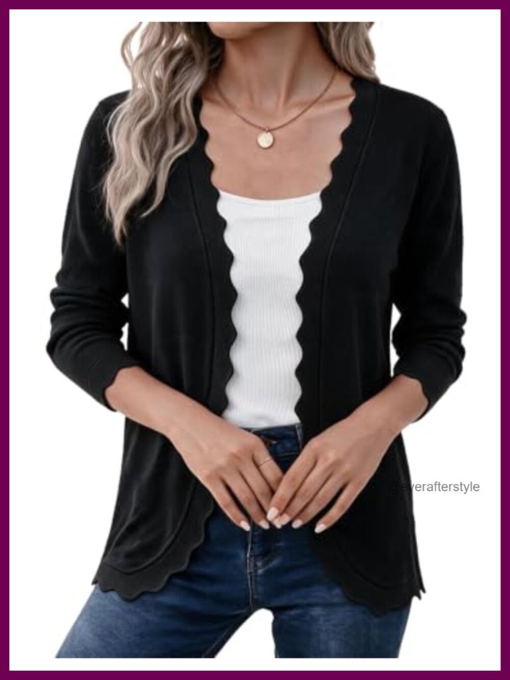 Lightweight Open Front Long Sleeve Scalloped V-Neck Knit Cardigan